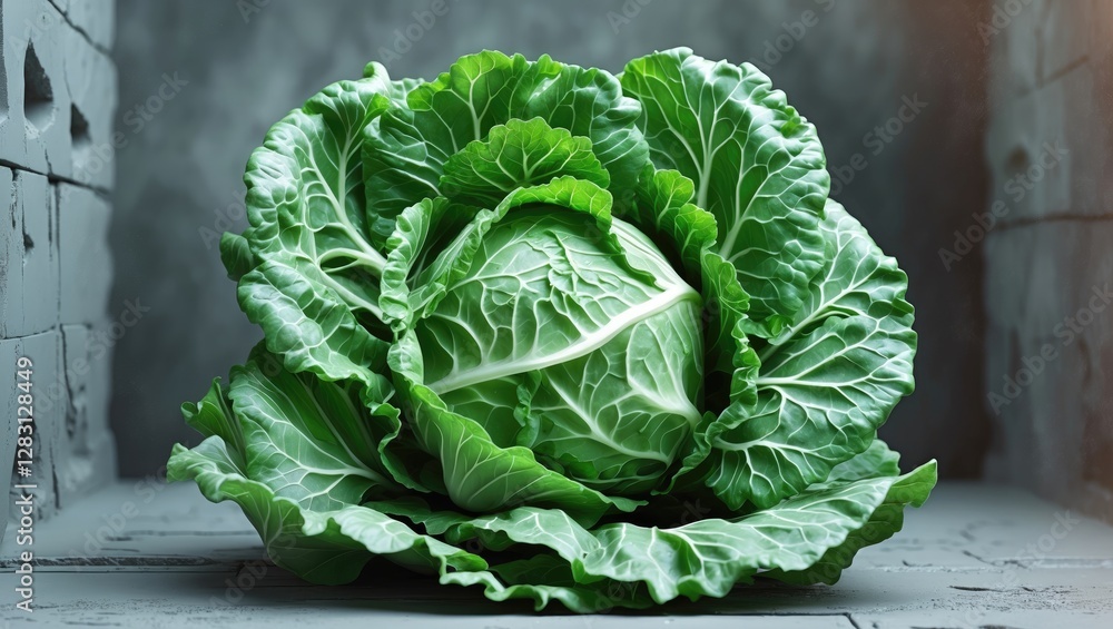 Poster lush green savoy cabbage resting on a textured grey surface showcasing its intricate leaf patterns a