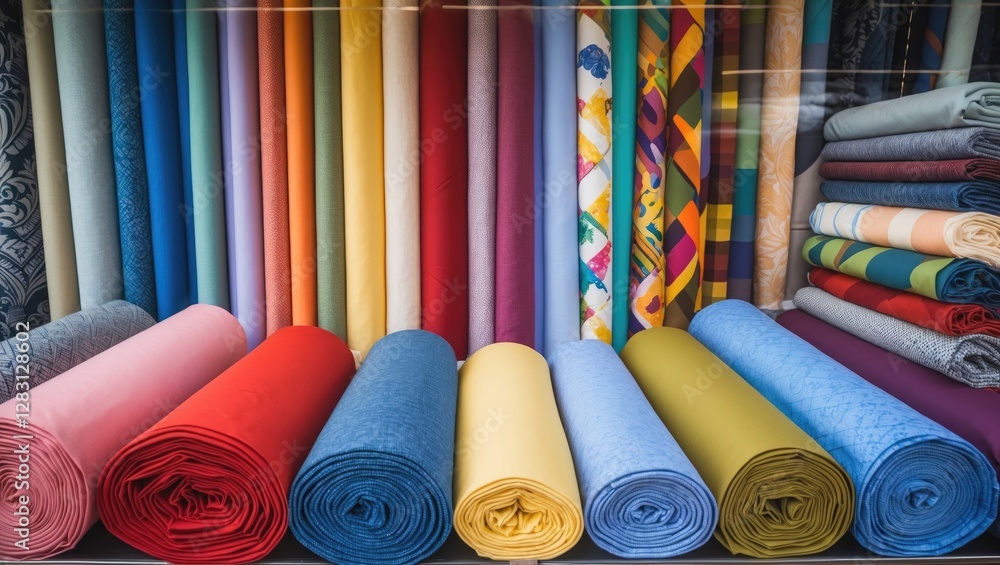 Poster colorful rolls of fabric displayed in a shop window showcasing various textures and patterns arrange
