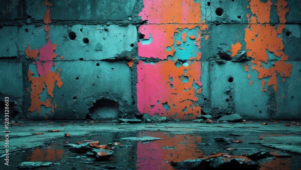 Poster abstract textured wall with colorful paint splashes and visible damage in urban industrial setting w