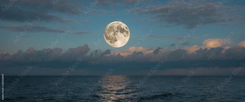 Poster serene full moon illuminating a cloudy sky over tranquil sea with space for text or design elements