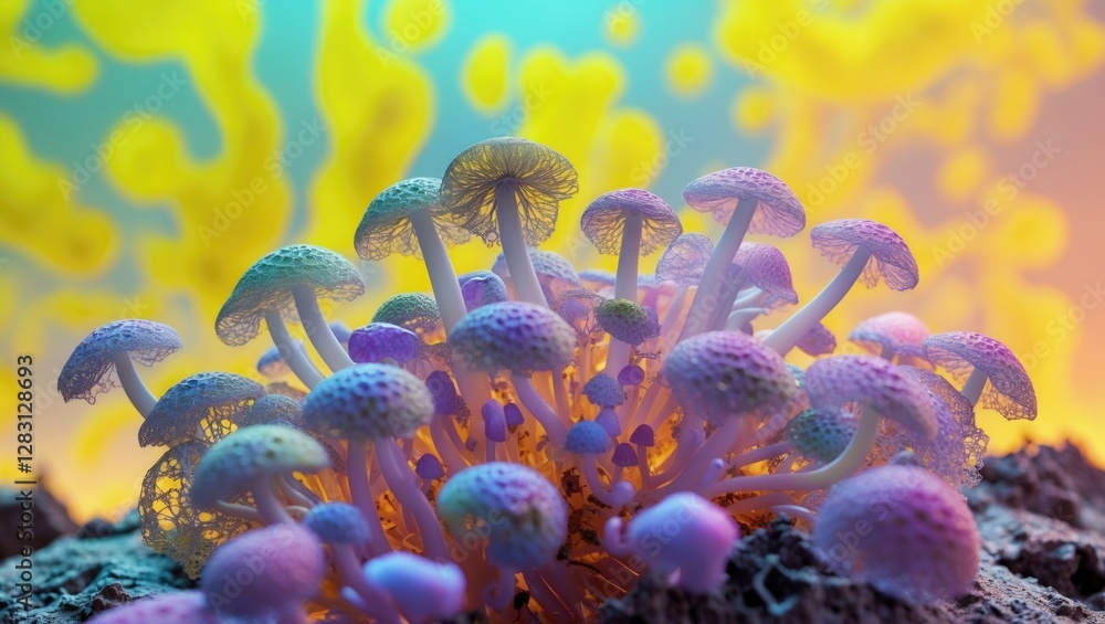 Poster colorful cluster of mushrooms with vibrant caps and intricate textures on a rocky surface against a 