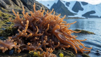 Fucus ceranoides brown algae thriving in Barents Sea littoral zone near Kola Peninsula picturesque landscape and coastal ecosystem.