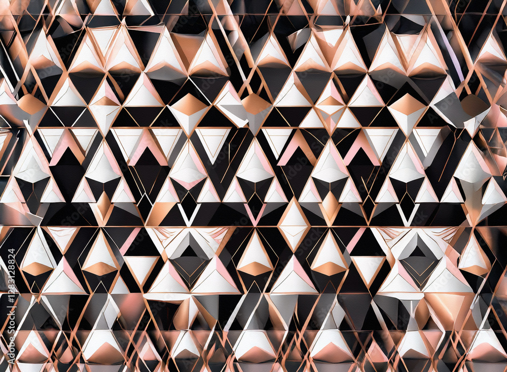 Poster geometric background featuring a pattern of black, white, and rose gold triangles. the design is abs