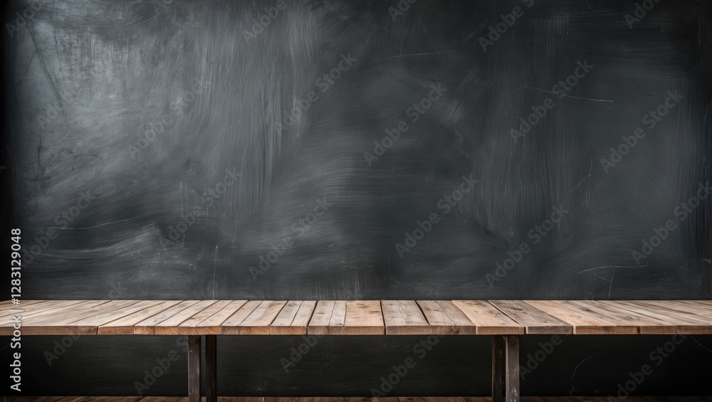 Aufkleber empty chalkboard with wooden table foreground for educational and creative backgrounds or presentati