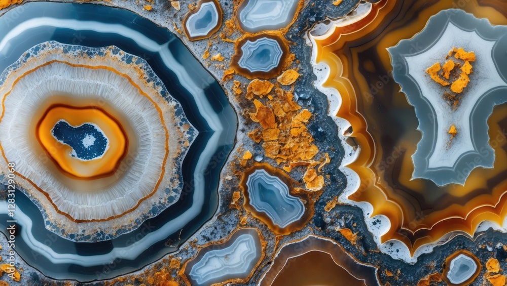 Poster colorful agate stone cross-section with distinct banding patterns and mineral inclusions in blue, or