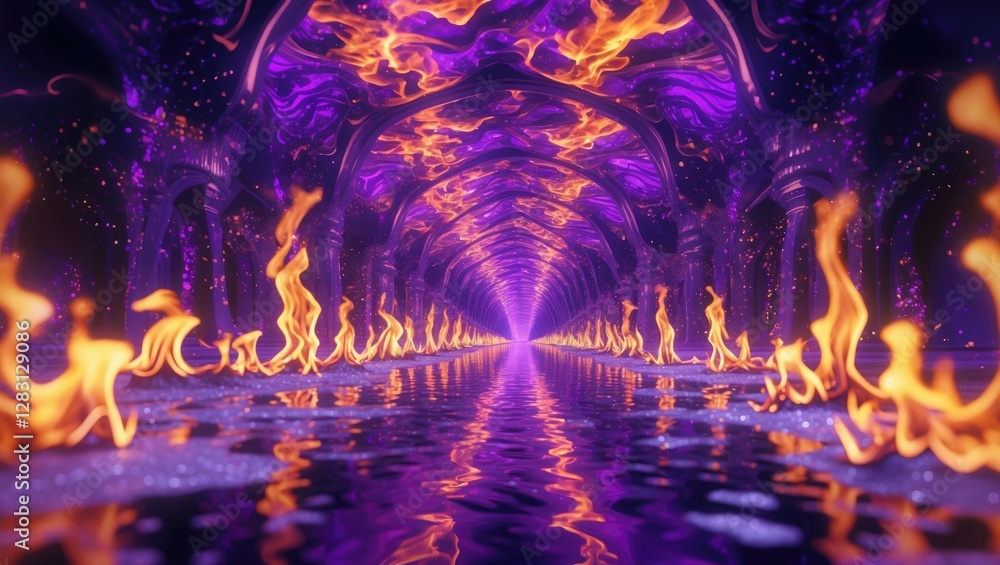 Poster mesmerizing purple and orange flame pattern reflected in water creating a mystical hallway illusion 