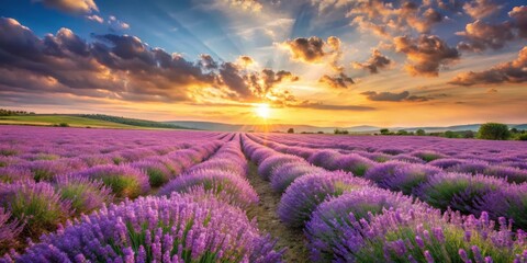 Beautiful lavender fields under a warm sunny sky with gentle breeze, peaceful scene, countryside