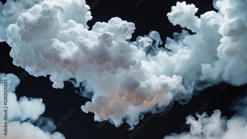 Poster fluffy white vapor clouds swirling and dancing in space isolated on a black background perfect for t