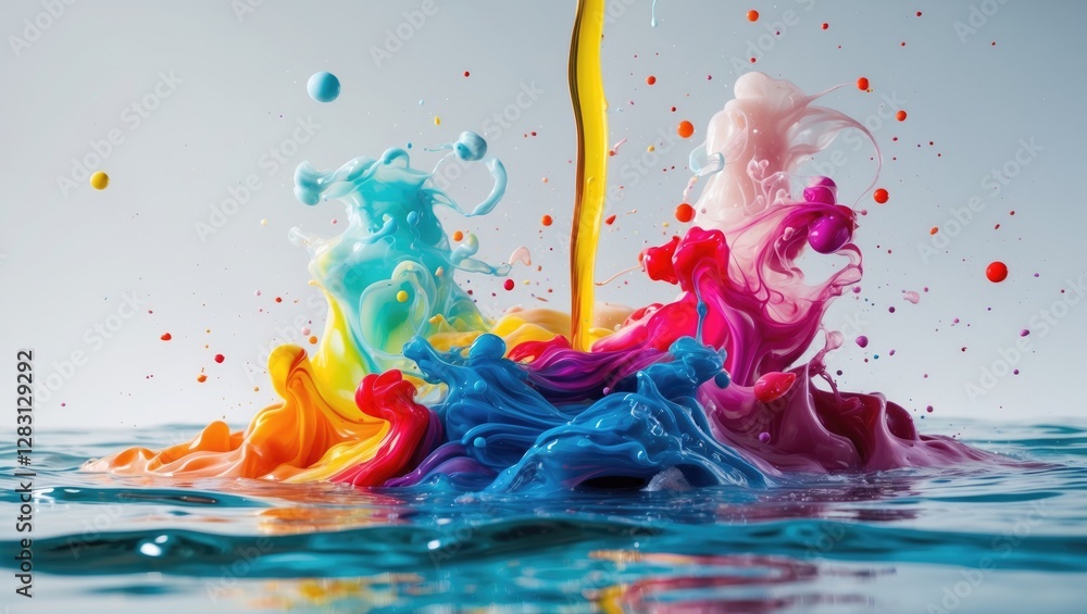 Poster colorful liquid paint splashes creating dynamic abstract pattern in water with vibrant colors and hi
