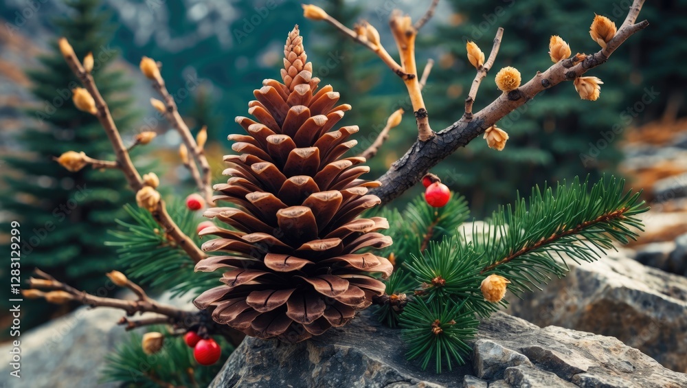 Aufkleber pine cone on rustic stones with evergreen branches and red berries in a mountainous forest setting d