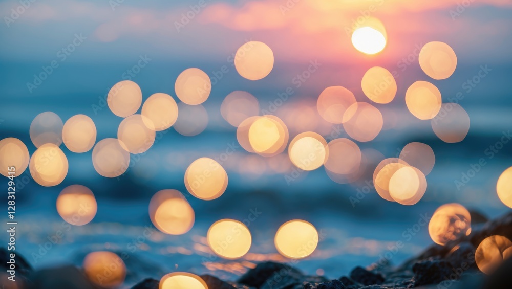 Aufkleber sunset over a beach with blurred bokeh effect of light reflections on water surface and soft colors 