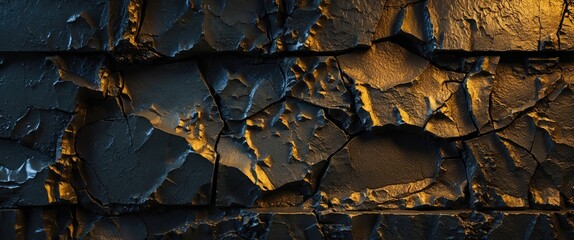 Obraz premium Cracked textured surface with dark blue and gold tones illuminated by dramatic lighting effects