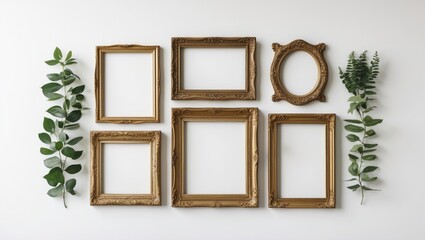 Elegant vintage frames arranged with greenery on a white background perfect for art display and home decor inspiration.