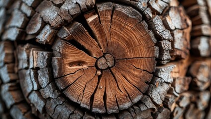 Close-up macro photograph of a tree stump showing wood grain patterns and texture with concentric circles and cracks.