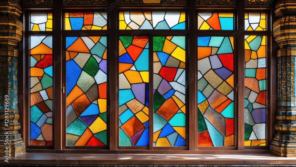 Aufkleber vibrant stained glass window with abstract geometric patterns in multiple colors and wooden frame el