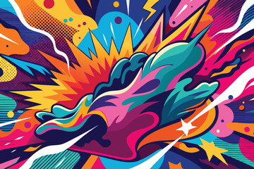 Vibrant pop art background with abstract spray paint effect, colorful camouflage brush strokes, and dynamic hand drawn patterns