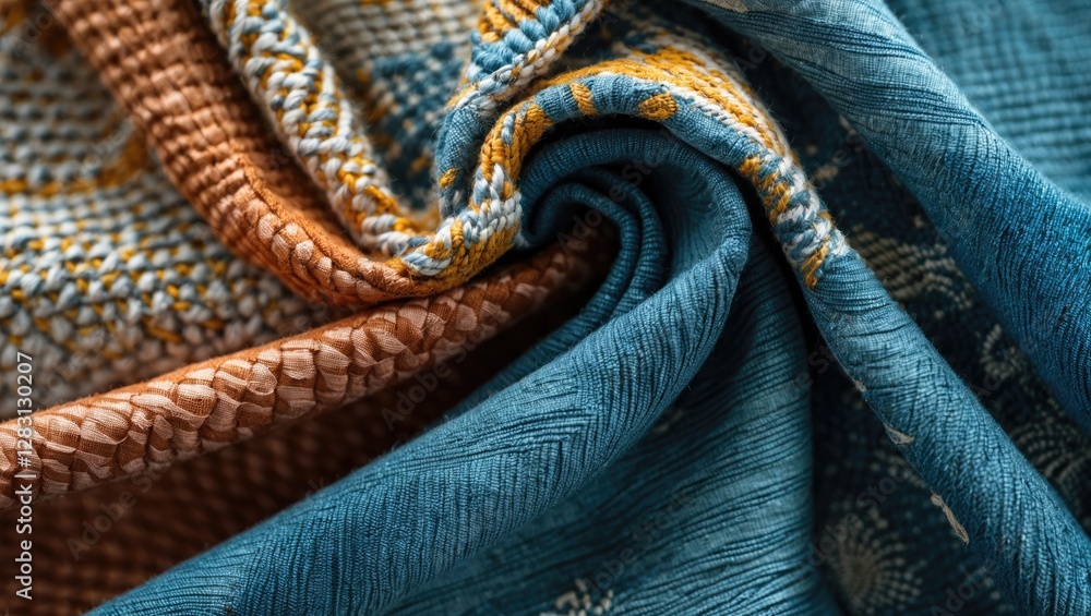 Aufkleber textured fabric patterns featuring various colors and intricate designs in a close-up shot