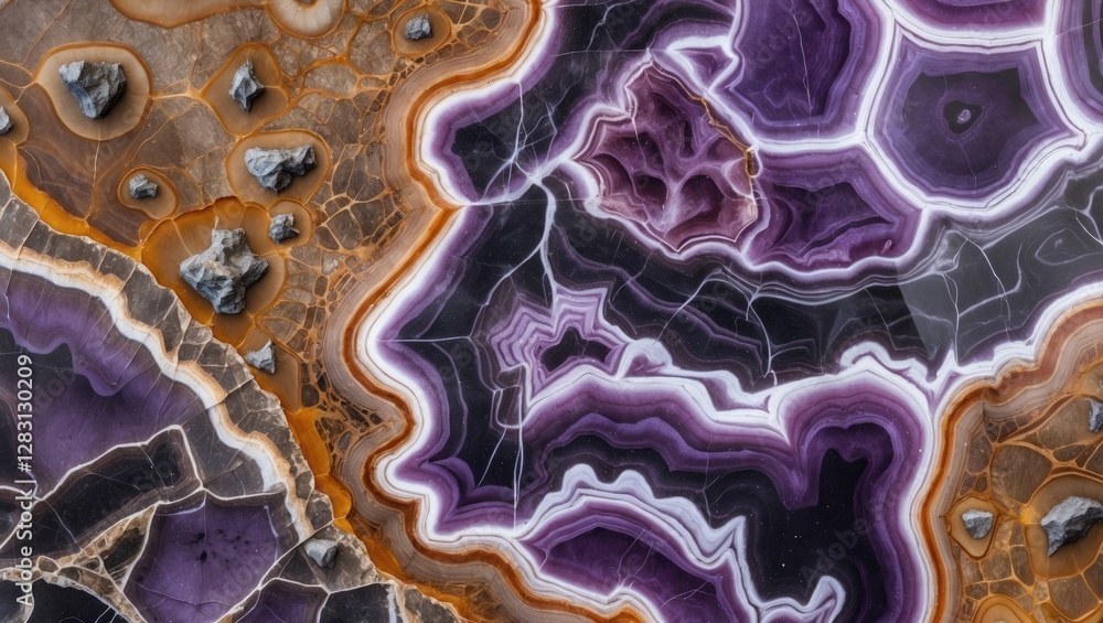 Poster purple and orange agate slice with intricate patterns and details showcasing natural stone texture a