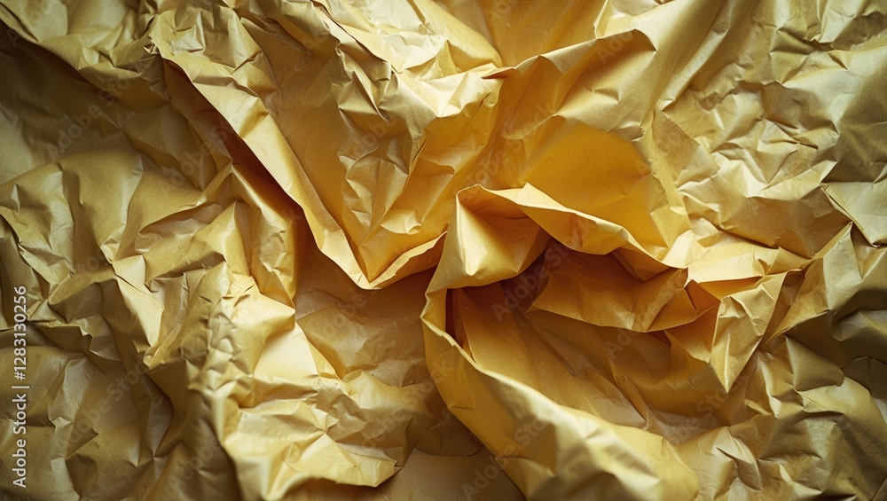 Poster crinkled yellow paper texture background with intricate folds and creases for design and creative pr