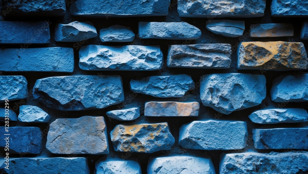 Poster textured stone wall background in various shades of blue and gray featuring irregular stones and blo