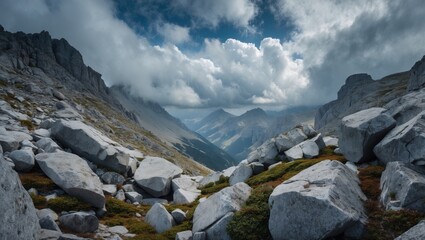 Rocky mountain landscape view with dramatic clouds and valleys, showcasing rugged terrain and natural scenery