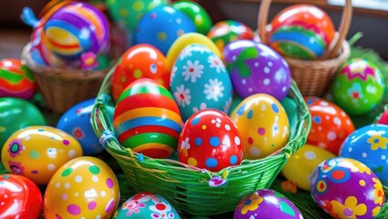 Colorful decorated Easter eggs in green baskets with vibrant patterns arranged on a table with natural grass.