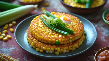 Delicious closeup of Bakwan jagung, traditional Indonesian corn cakes garnished with spring onions, served on a plate with vibrant colors.
