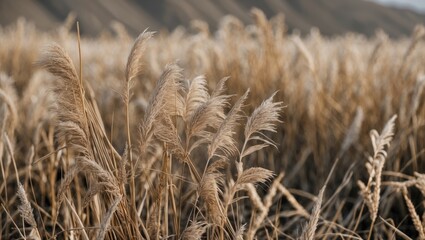 Fototapeta premium Golden grass field with blurred background of hills under soft sunlight in a natural outdoor setting.