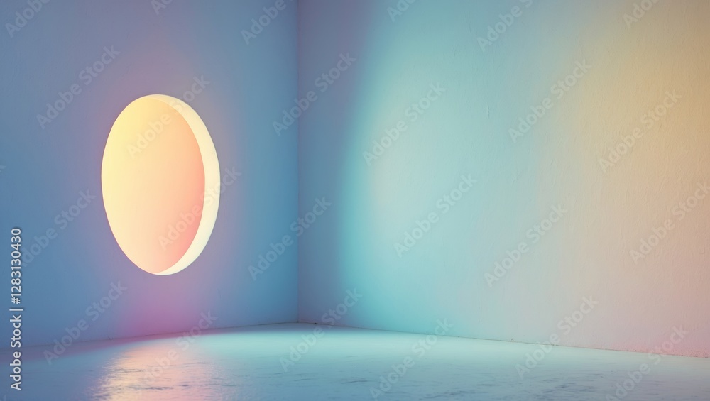 Poster interior space with circular window casting soft gradient light on wall surface in contemporary desi