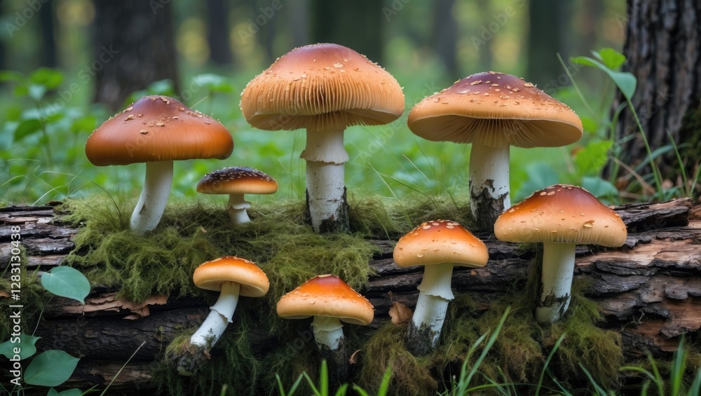 Poster group of colorful mushrooms growing on a log surrounded by green moss in a forest environment during