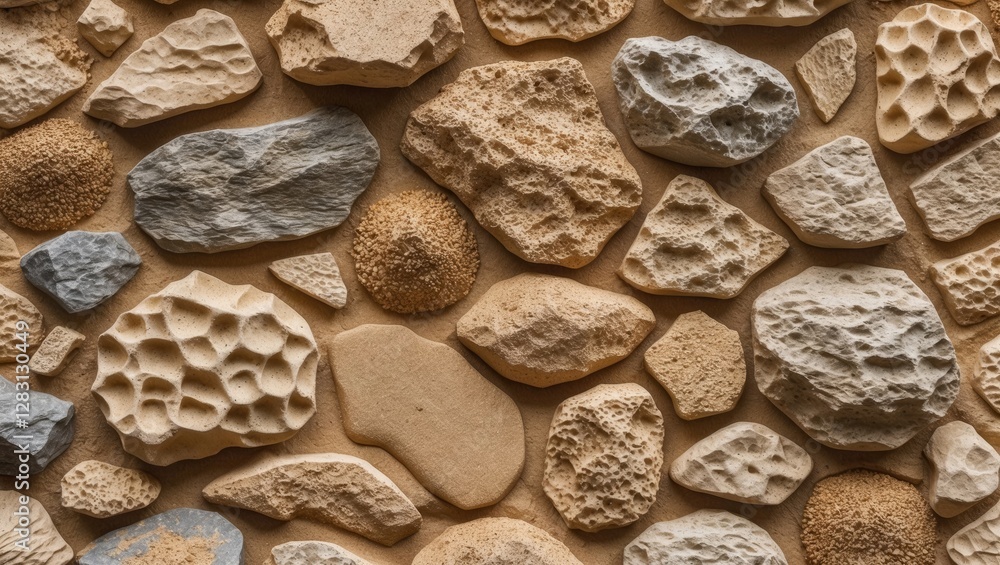 Poster textured stone wall with various shapes and colors of natural rocks arranged in a decorative pattern