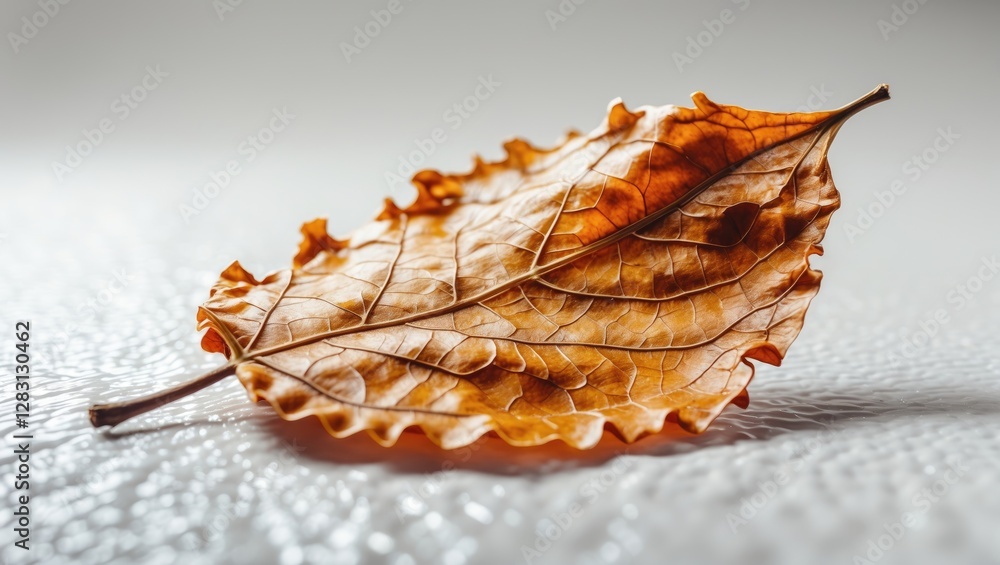 Poster brown dry leaf on a textured surface with intricate vein patterns illuminated by soft light.