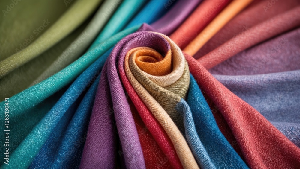 Poster colorful fabric waves in a spiral pattern displaying various textures and hues of textile materials