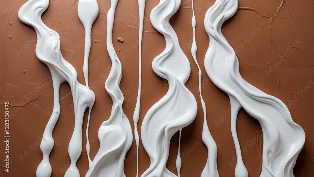 Poster abstract patterns of white cream or paint drizzling over a brown surface creating fluid textures and