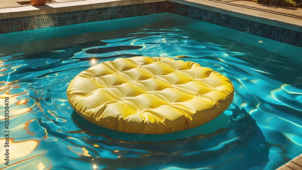 Poster sunlit yellow pool float on tranquil water creating calm atmosphere with empty space available for c