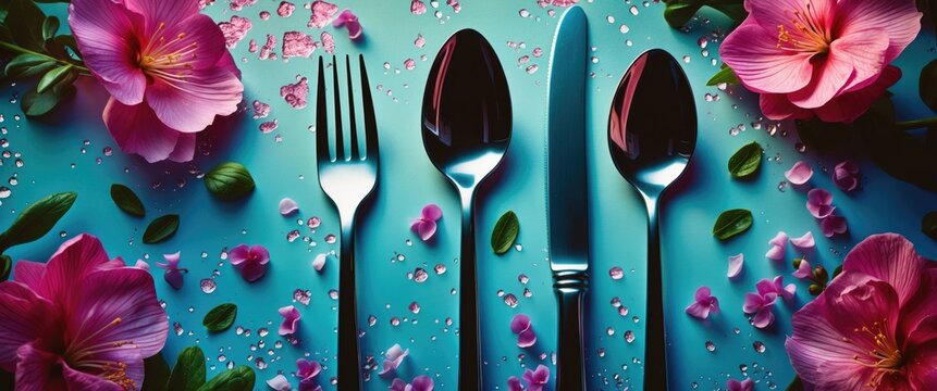 Elegant table setting with utensils and vibrant floral accents on a decorative surface. Perfect for dining and culinary themes.