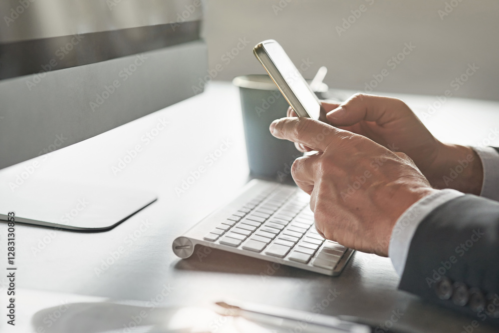 Poster business, hands and man with smartphone, typing and consultant with message to contact. person, corp