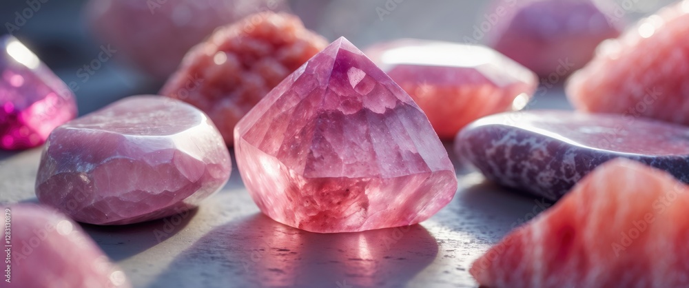 Poster pink gemstones in various shapes and sizes arranged artistically on a textured surface with soft lig
