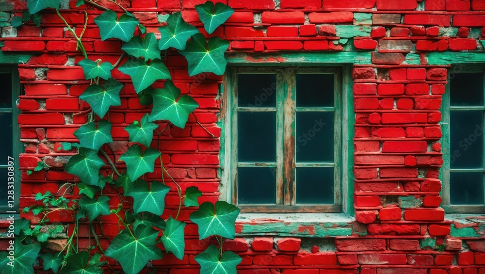 Poster red vintage brick wall with ivy and windows creating a charming textured background for design and a