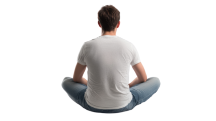 young man sitting back view isolated on white background 