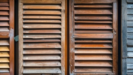 Various wooden window shutters in different colors and textures aligned horizontally on a wall
