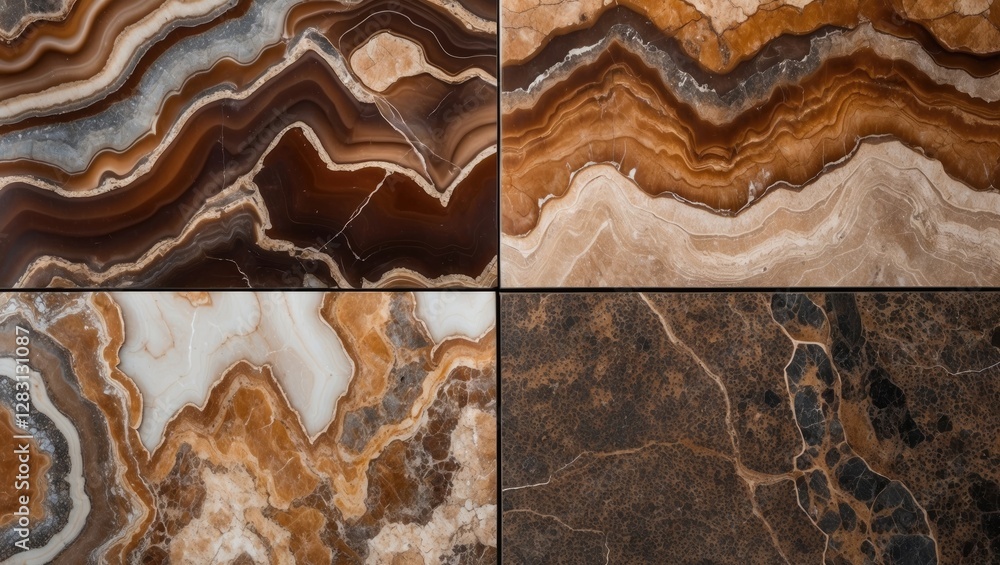 Poster brown and beige marble stone textures with abstract wavy patterns and variations in colors arranged 