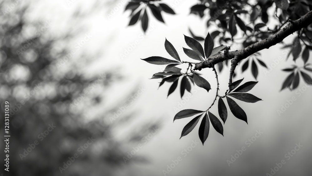 Poster black and white close-up of a tree branch with leaves against a blurred background in a soft focus e