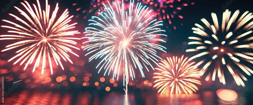 Poster vibrant fireworks display with blurred bokeh background creating a festive atmosphere for celebratio