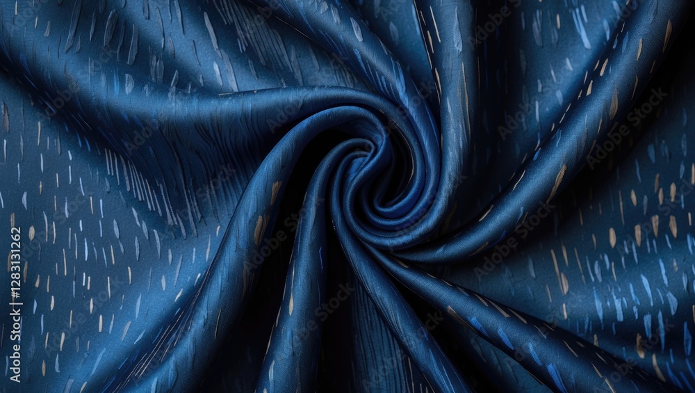 Poster dark blue silk fabric with subtle gray patterns, showcasing intricate textures and elegant color var