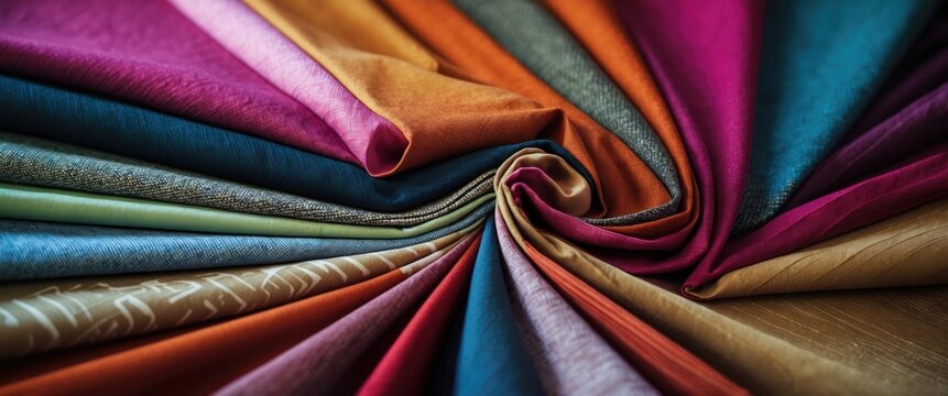 Colorful fabric samples arranged in a spiral showcasing a variety of textures and hues for textiles and furniture design projects.