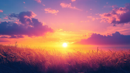 Fototapeta premium Warm summer sunset illuminating waving wild grass in a serene countryside meadow