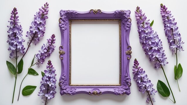Violet lilac flowers arranged around an ornate purple frame on a white background for floral art display or photography concepts.
