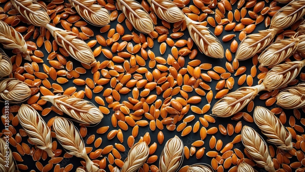 Poster flax seeds scattered on a dark background forming intricate patterns showcasing their unique shapes 