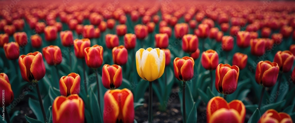 Poster vibrant field of red tulips showcasing a singular yellow tulip at the center symbolizing uniqueness 